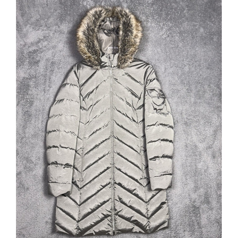 Eddie Bauer Down Jacket‎ Womens M EB650 Fur Hooded Trench Puffer Quilted Parka